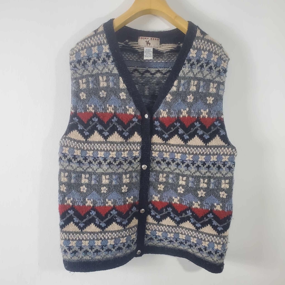 Point Zero Vintage 90s Hand Knit 100%Wool Sleeveles Cardigan Sweater Vest Womens
